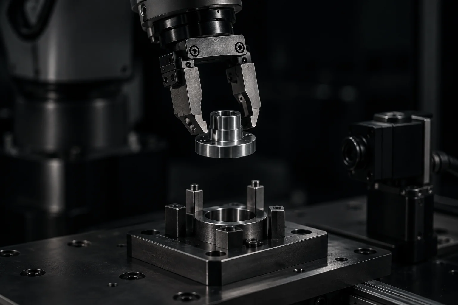 A robot gripper moving a machined part toward an inspection fixture